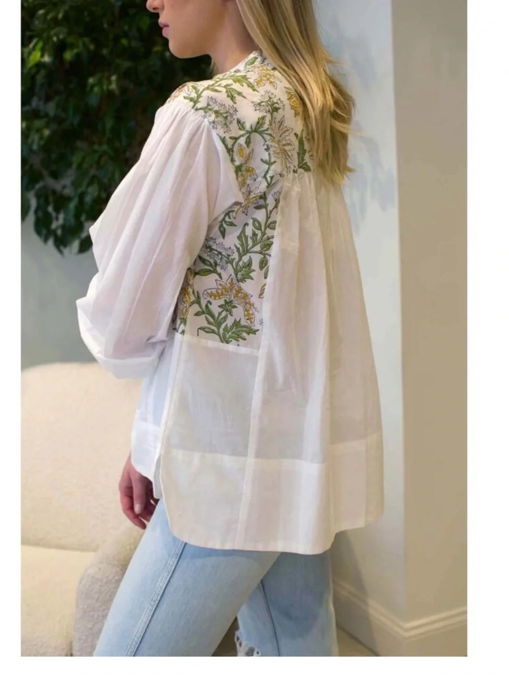 White Embroidered Cotton Blouse with Green & Yellow Floral Detail